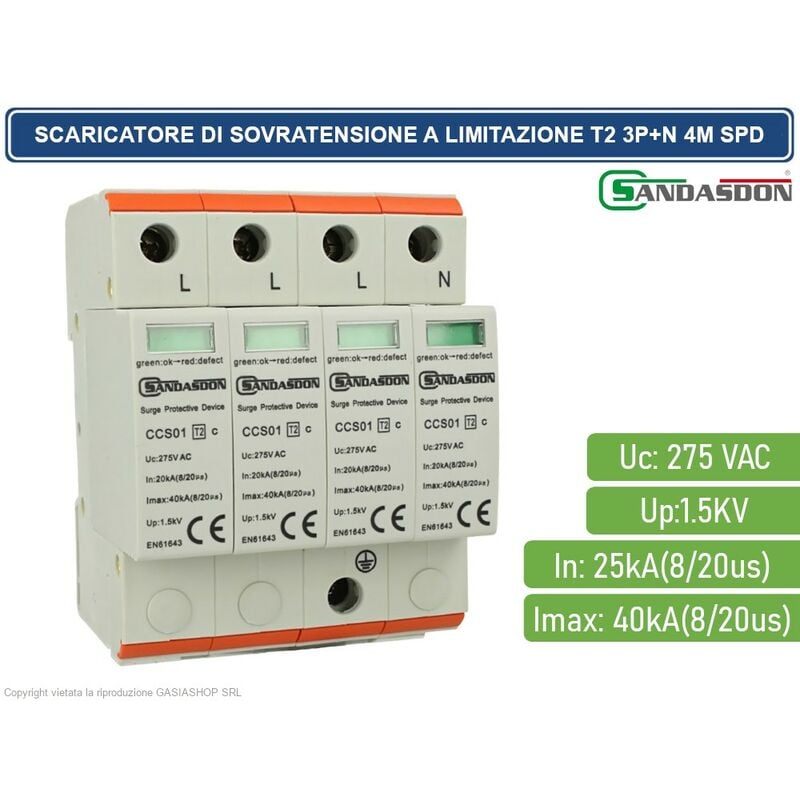 foto del prodotto sandasdon scaricatore limitatore di sovratensione tipo t2 3p n 4m spd a limitazione per barra din