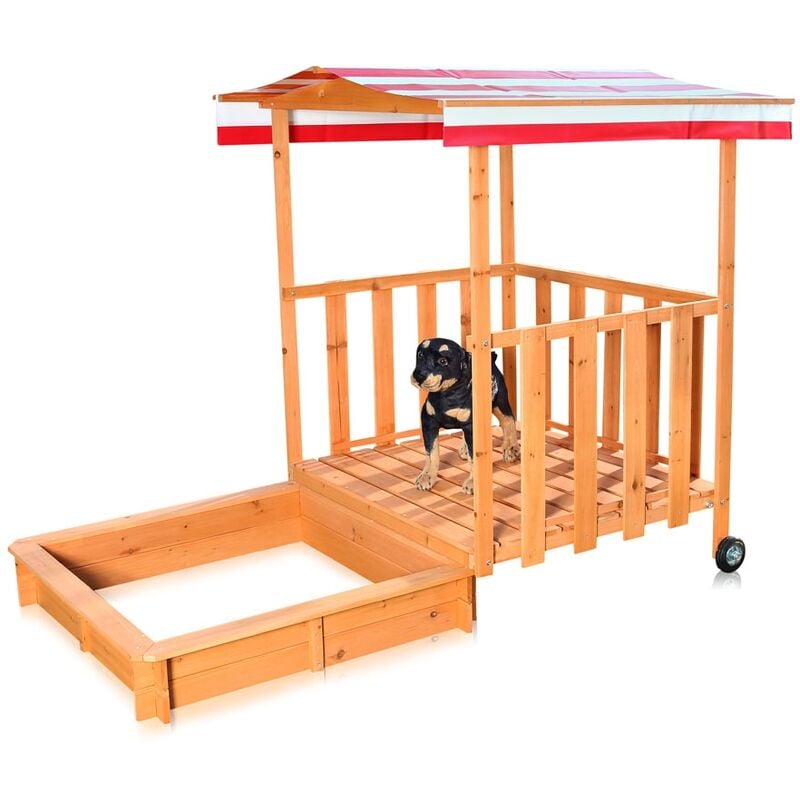 foto del prodotto sandbox sandbox con copertura e protezione solare in legno per bambini, 182 x 100 x 140, con veranda e ringhiera, tetto rosso bianco - melko