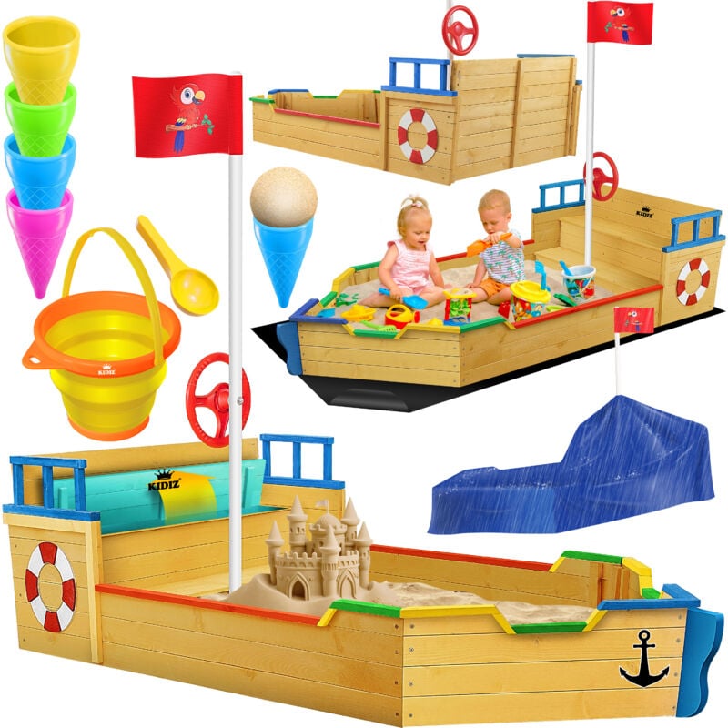 foto del prodotto sandpit ahoy nave pirata a vela in legno incl. copertura copertura del terreno panchina asta della bandiera giocattolo di sabbia colorato kidiz