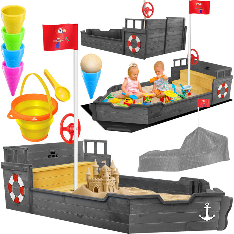 foto del prodotto sandpit ahoy veliero pirata in legno incl. copertura telo di fondo panchina pennone gioco di sabbia antracite kidiz