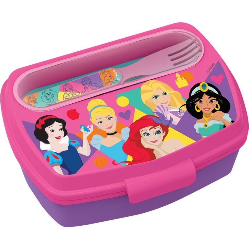 foto del prodotto sandwich box posate per bambine in plastica, senza bpa, con grafiche delle principesse, con cucchiaino e forchettina lavabili e riutilizzabili