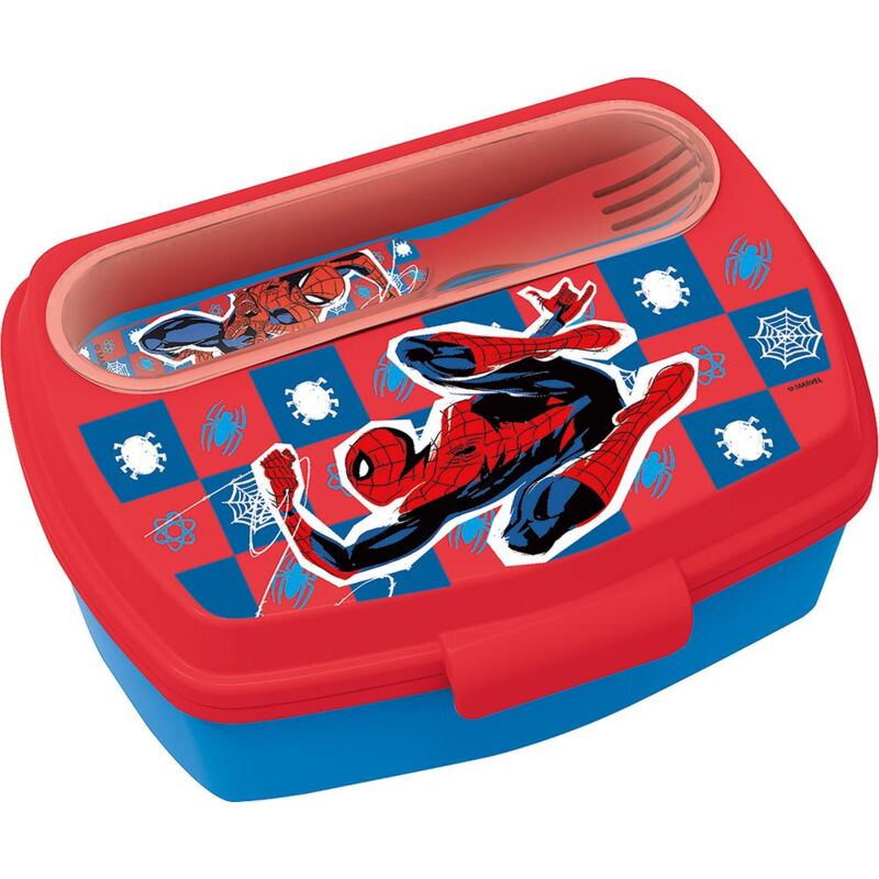 foto del prodotto sandwich box rossa per bambini in plastica spiderman uomo ragno con cucchiaio e forchetta marvel
