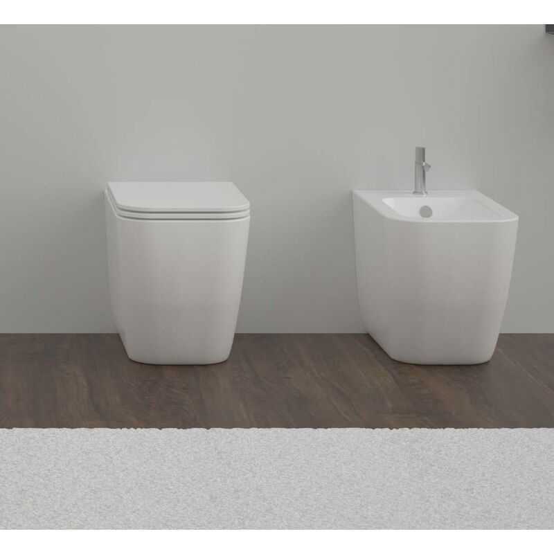 foto del prodotto sanitari brio filomuro senza brida bianchi opachi con sedile