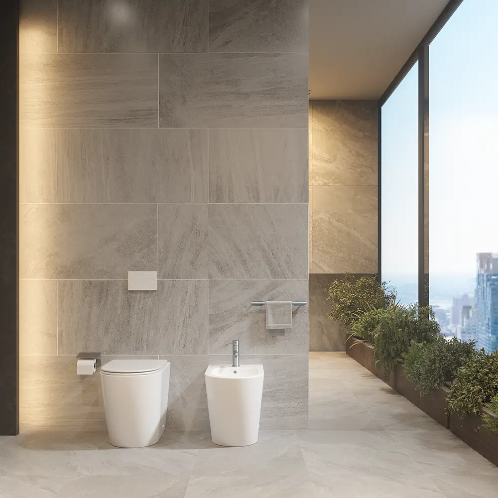 foto del prodotto sanitari filomuro comfort in ceramica bianco lucido vaso rimless h44,5 cm con copriwc soft close e bidet europa