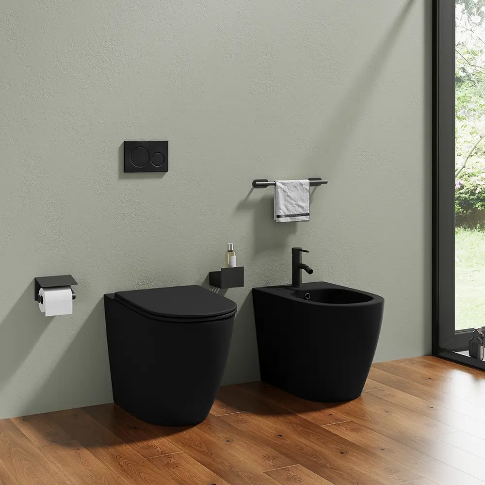 foto del prodotto sanitari filomuro in ceramica nero opaco vaso rimless con copriwc soft-close e bidet europa