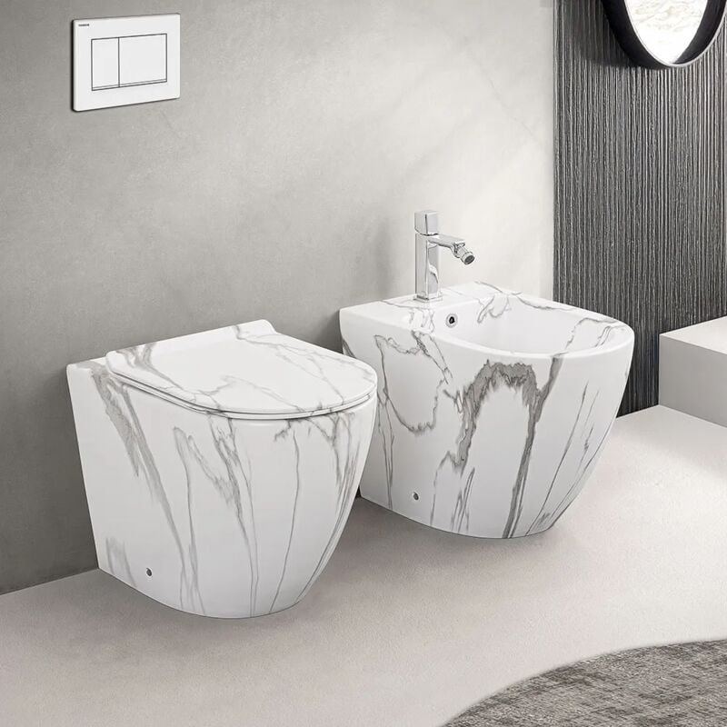 foto del prodotto sanitari filomuro rimless effetto marmo bianco con sedile tokyo