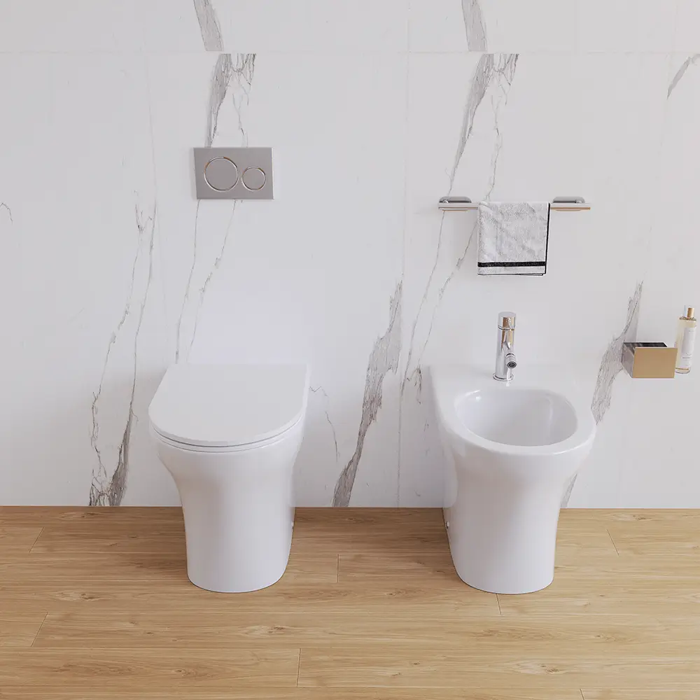 foto del prodotto sanitari filomuro rimless in ceramica bianco lucido vaso bidet e copriwc soft-close nassau