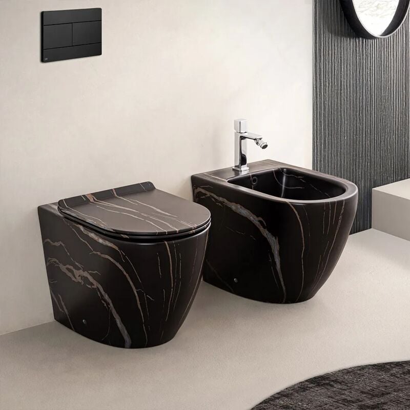 foto del prodotto sanitari filoparete rimless effetto marmo nero con sedile tokyo