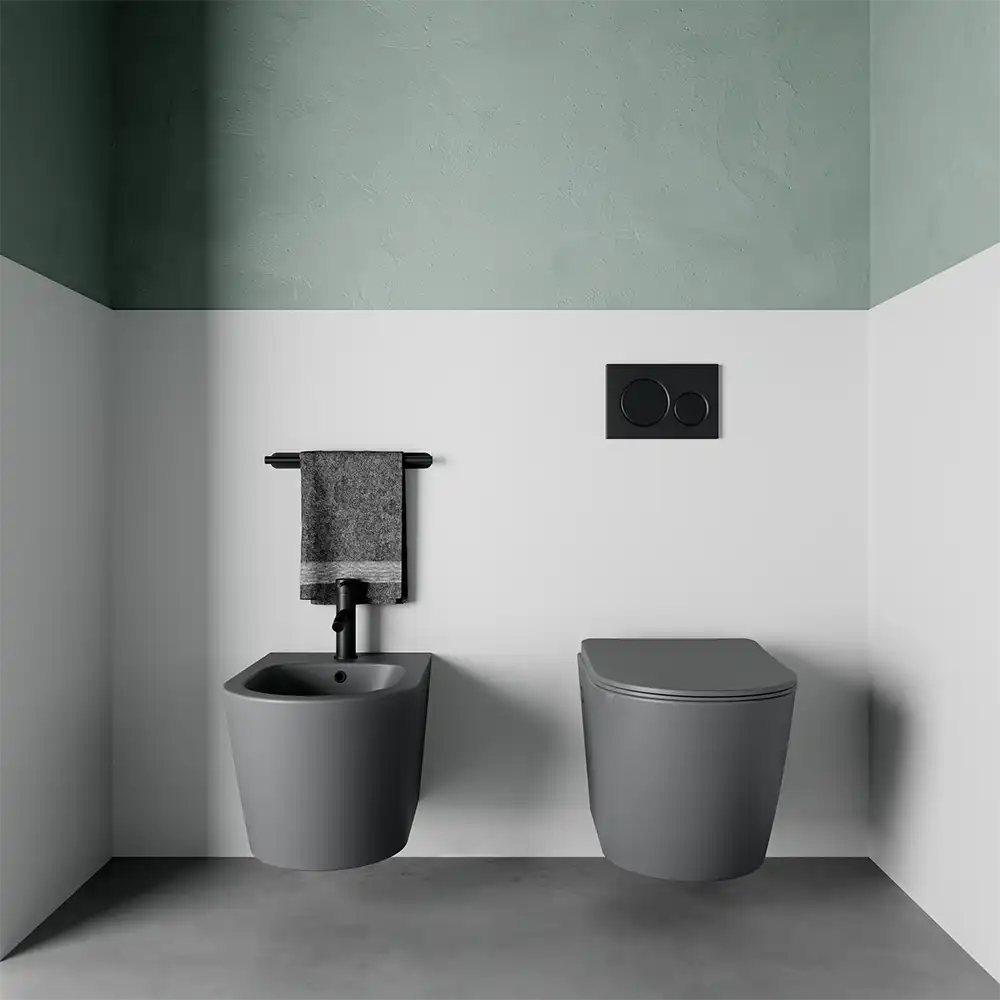 foto del prodotto sanitari sospesi in ceramica rimless grigio opaco vaso, bidet e copriwc soft-close vienna