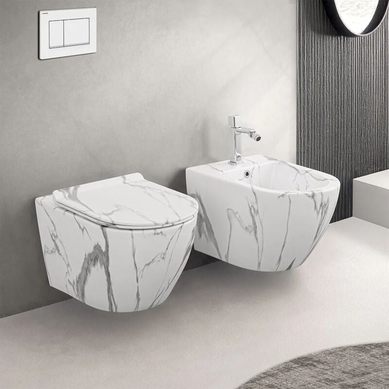 foto del prodotto sanitari sospesi rimless effetto marmo bianco con sedile tokyo