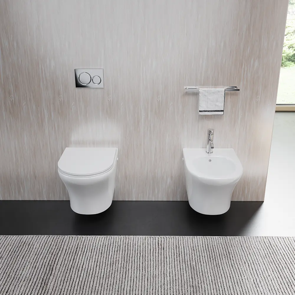 foto del prodotto sanitari sospesi rimless in ceramica bianco lucido vaso bidet e copriwc soft close nassau