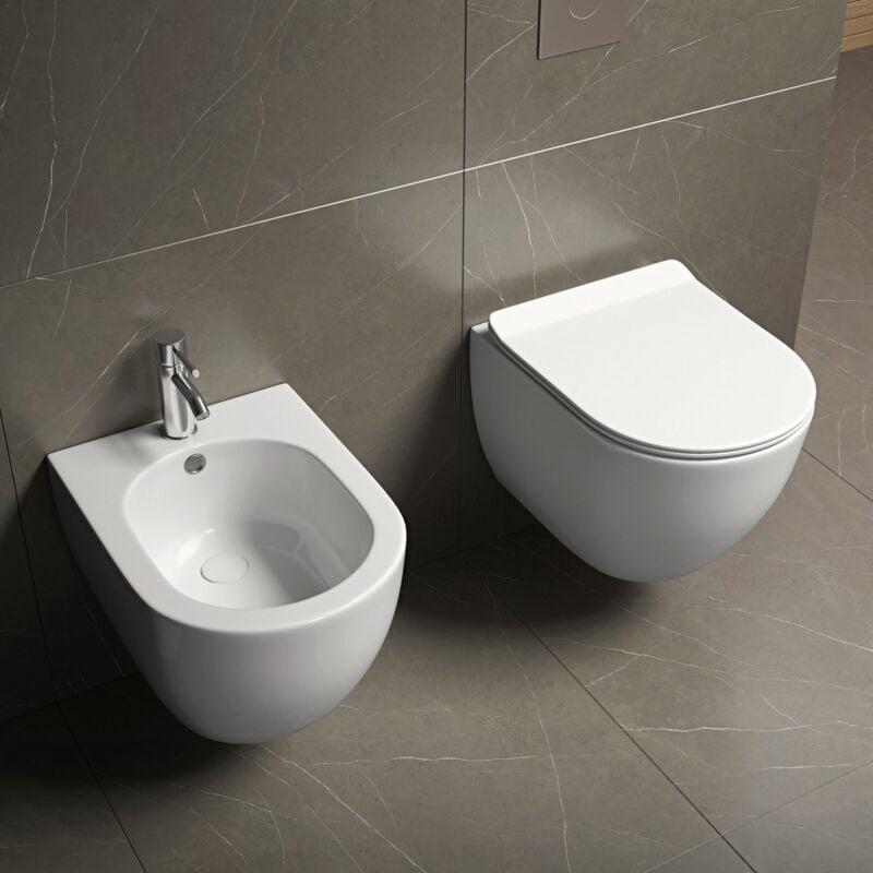 foto del prodotto sanitari sospesi salvaspazio wc e bidet in ceramica copriwater soft close levante bianco