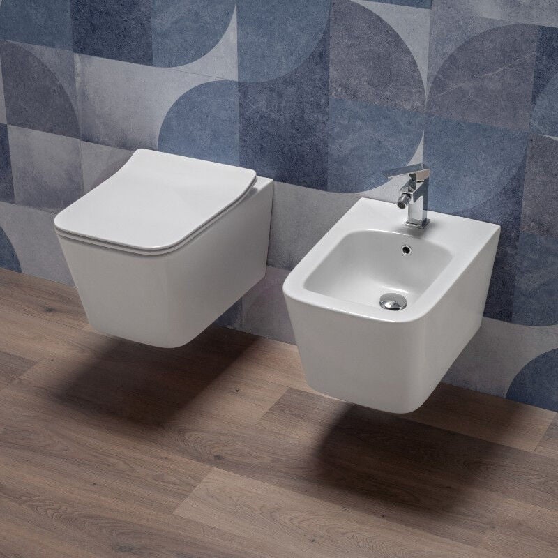 foto del prodotto sanitari squadrati sospesi rimless a risparmio idrico con sedile softclose kerm