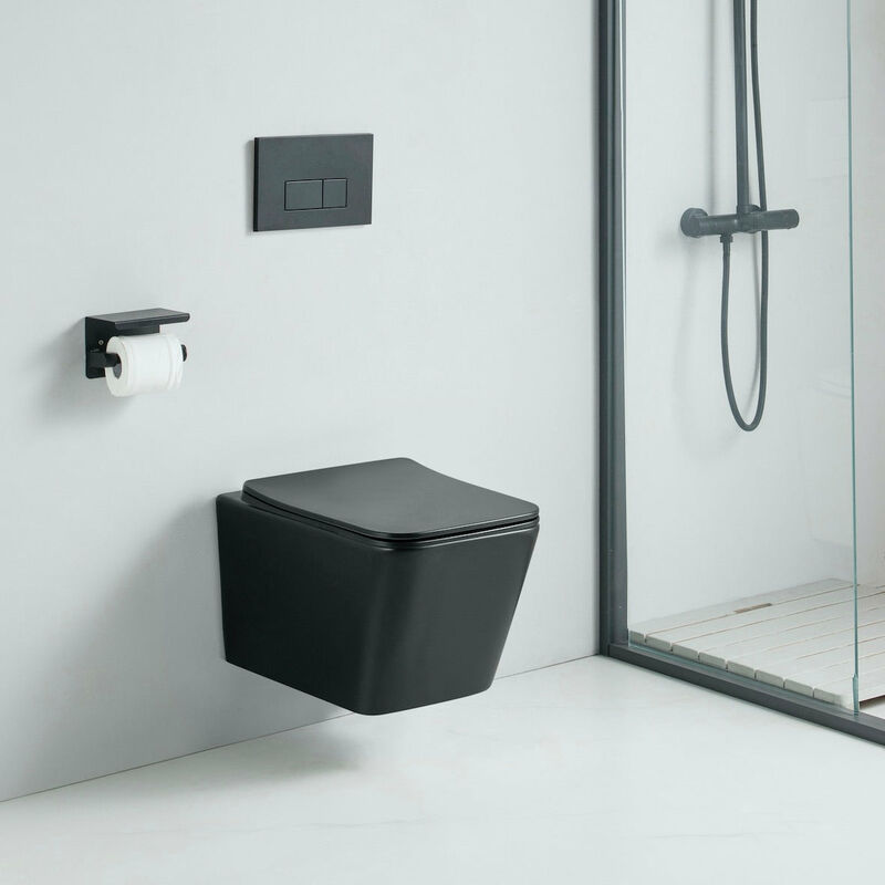 foto del prodotto sanitario wc sospeso caleto nero opaco senza bordo e con chiusura ammortizzata