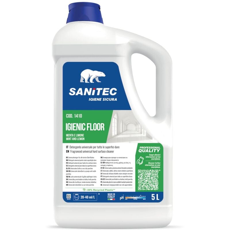 foto del prodotto sanitec, igienic floor, detergente universale sgrassante concentrato con azione igienizzante e profumato alla menta e al limone, attivo su qualsiasi