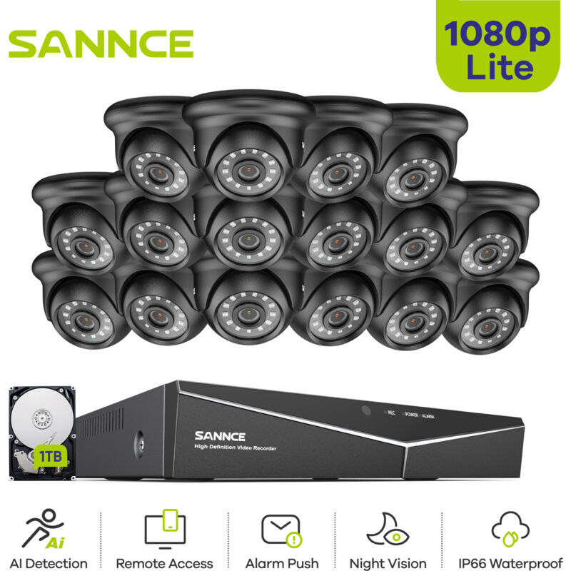 foto del prodotto sannce 1080p kit videosorveglianza sicurezza 16ch dvr esterno ir telecamere visione notturna monitor remoto sistema 1tb hdd