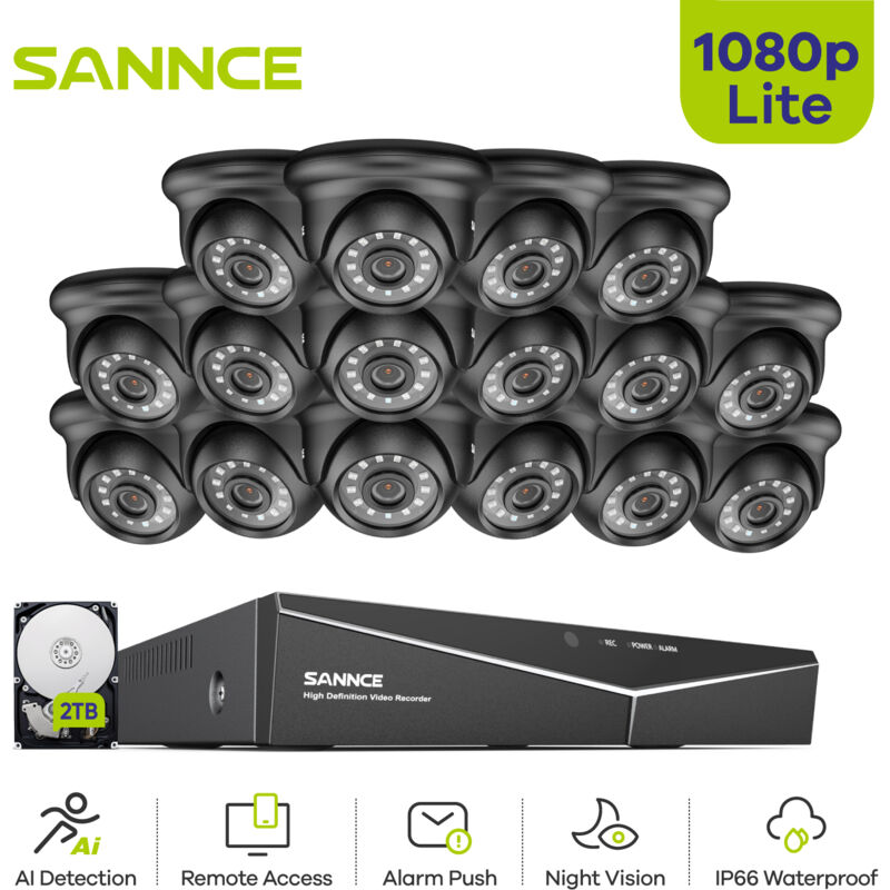 foto del prodotto sannce 1080p kit videosorveglianza sicurezza 16ch dvr esterno ir telecamere visione notturna monitor remoto sistema 2tb hdd
