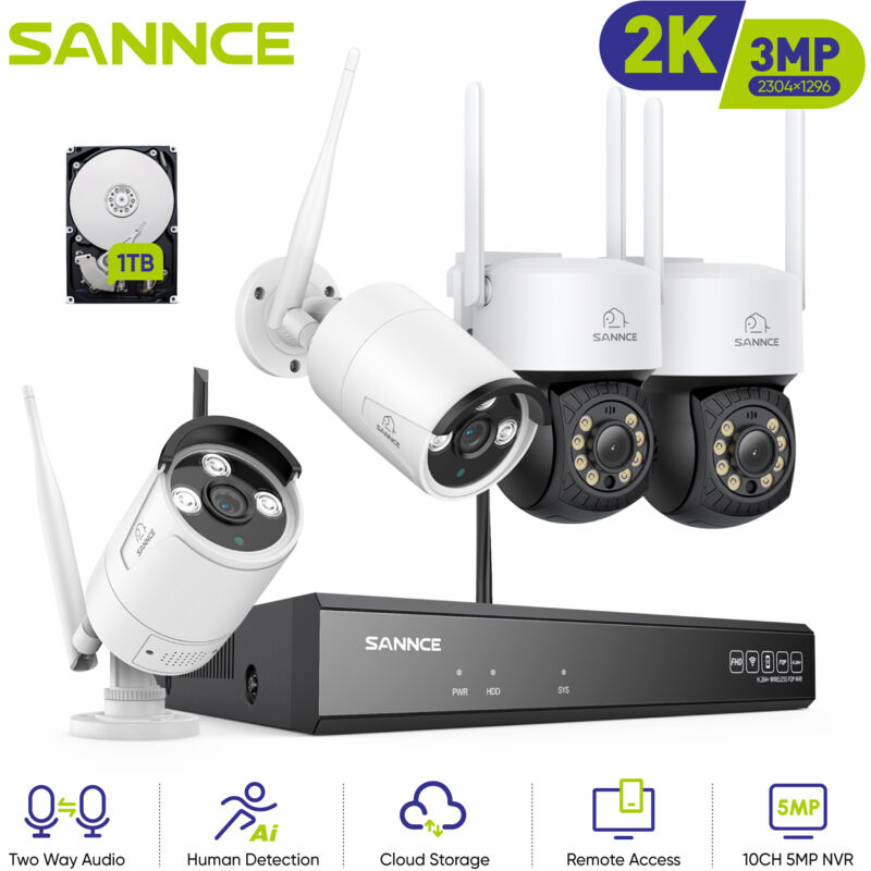 foto del prodotto sannce 3mp kit videosorveglianza wireless telecamera ir visione notturna rilevazione movimento sicurezza cctv wifi telecamera sistema 1tb hdd