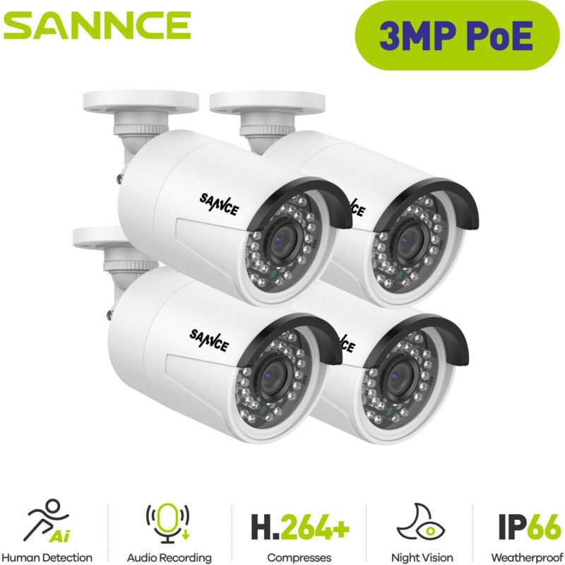 foto del prodotto sannce 4 telecamera di sorveglianza poe da 3mp per interni esterni 36 led ir ip66 resistente alle intemperie per nvr n98pbd n96pbk