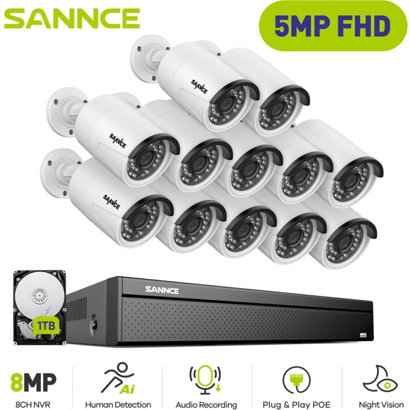 foto del prodotto sannce cablato poe kit di videosorveglianza ,16ch nvr with 5mp 12 telecamera di sicurezza registrazione 24 7 sistema di videosorveglianza visione
