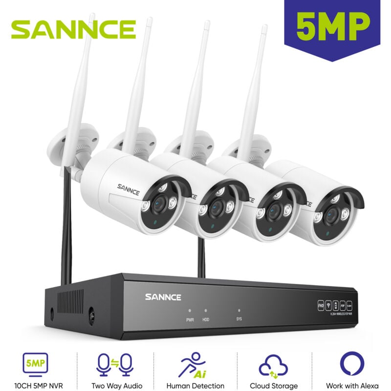 foto del prodotto sannce kit di videosorveglianza wireless esterno 5mp 4 ip telecamere audio bidirezionale visione notturna,registrazione 24 7,wifi sistema di