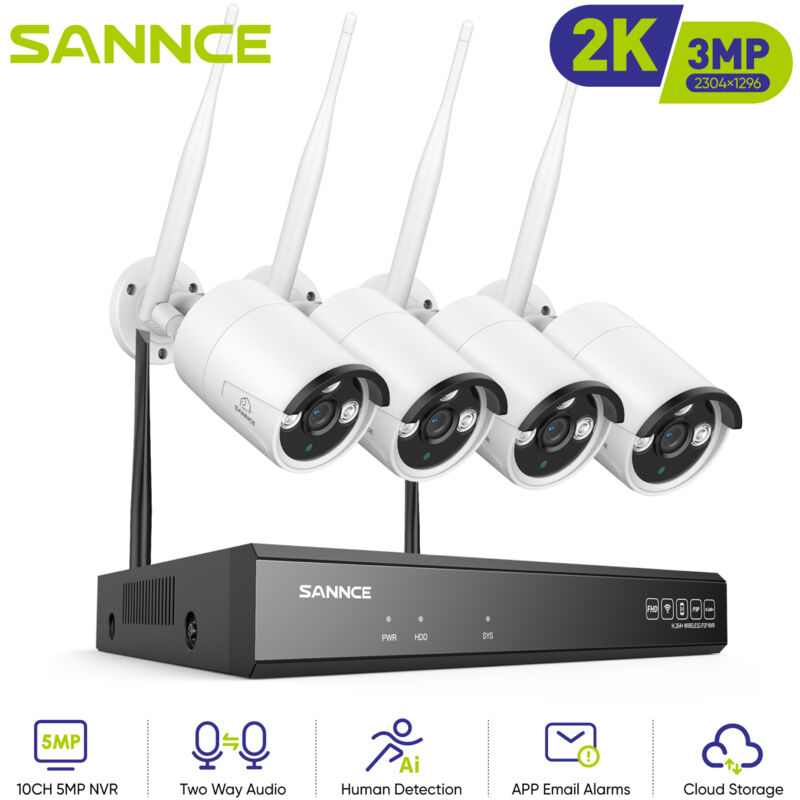 foto del prodotto sannce kit videosorveglianza wifi 8ch con 4 wireless telecamera ip 3mp intelligenti microfono sistema di sorveglianza eseterno,0tb