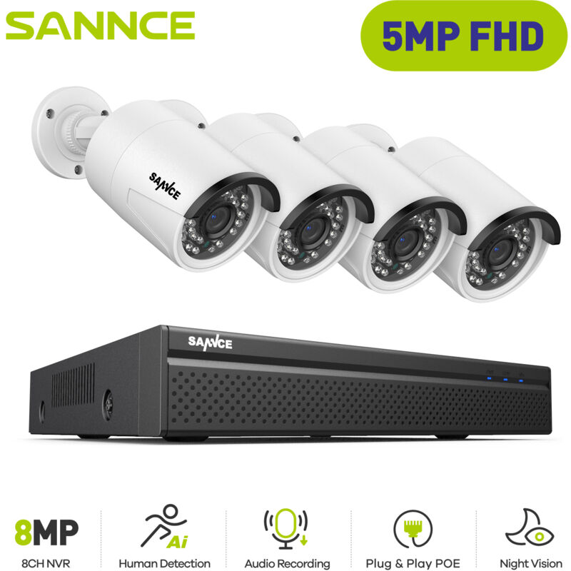foto del prodotto sannce poe kit di videosorveglianza 5mp 8 canali nvr 4telecamera smart ir visione notturna microfono incorporato impermeabilit ip66 sistema di