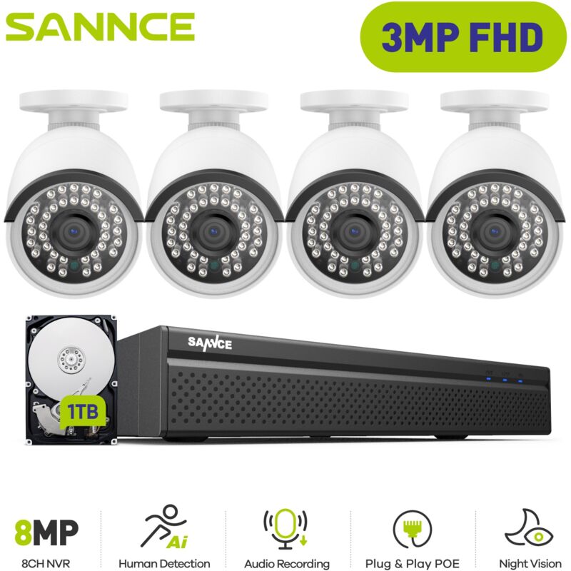 foto del prodotto sannce poe kit di videosorveglianza cablato,8ch nvr with 3mp 4 ip telecamera di sicurezza visione notturna sistema di videosorveglianza,1tb hdd