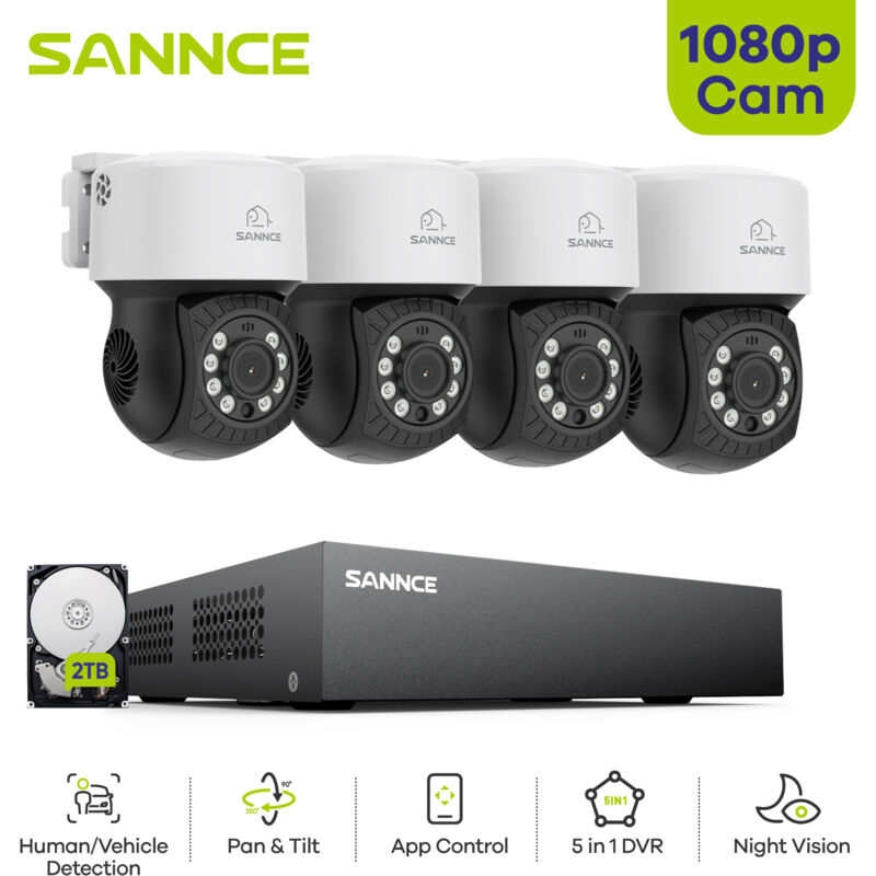 foto del prodotto sannce sistema di telecamere di sicurezza pt a 8 canali 1080p dvr visione notturna rilevamento del movimento, esterno, impermeabile,2tb