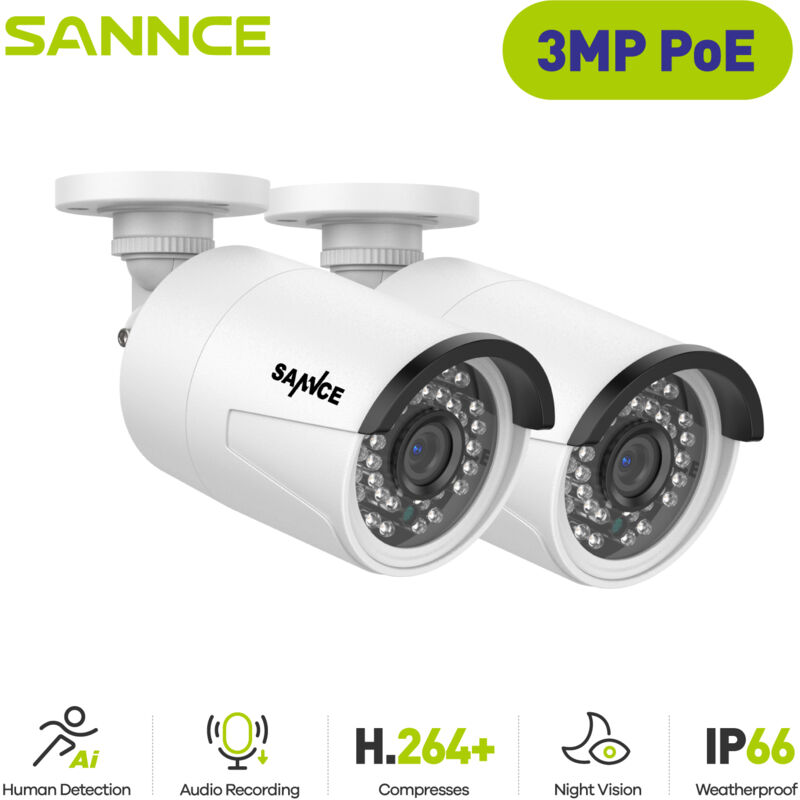 foto del prodotto sannce telecamera di sorveglianza poe da 3mp per interni esterni 36 led ir ip66 resistente alle intemperie per nvr sannce n98pbd n96pbk