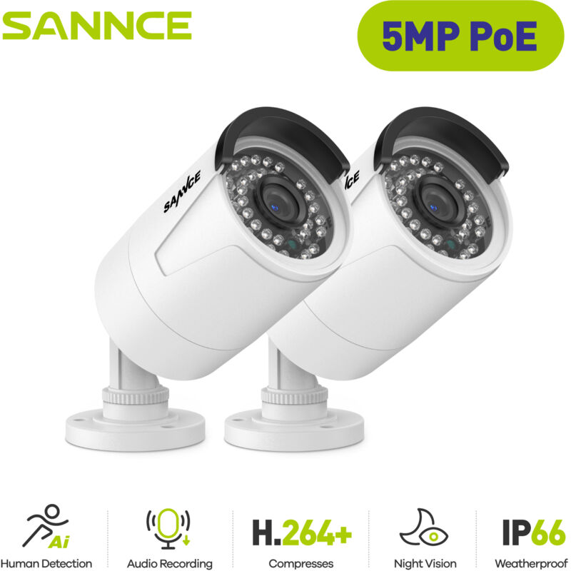 foto del prodotto sannce telecamera ip di sicurezza esterna super hd poe da 5mp con registrazione audio per nvr n98pbd n96pbk confezione da 2 