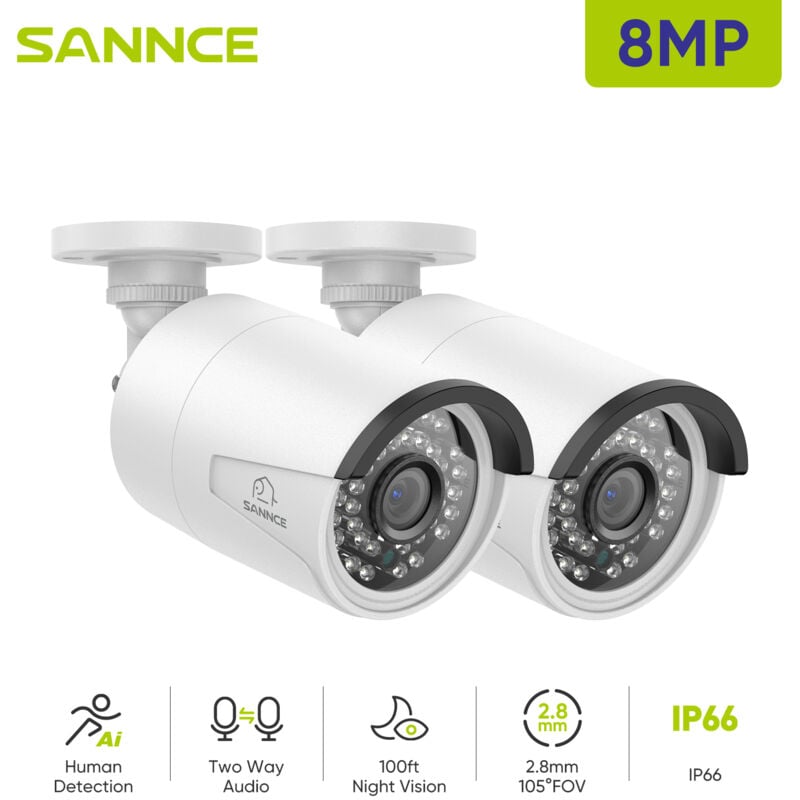 foto del prodotto sannce telecamera ip di sicurezza esterna super hd poe da 8mp con registrazione audio per nvr n98pbd n96pbk confezione da 2 