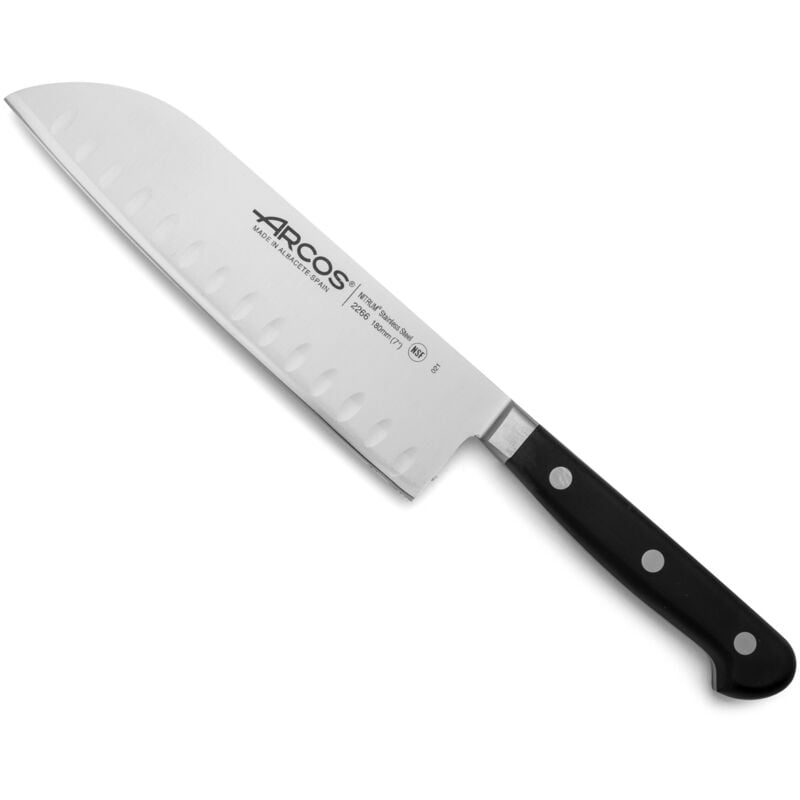 foto del prodotto santoku opera knife 180 mm coltello multiuso comunemente usato nella cucina asiatica con una lama larga e molto affilata. ha tre usi preparazione
