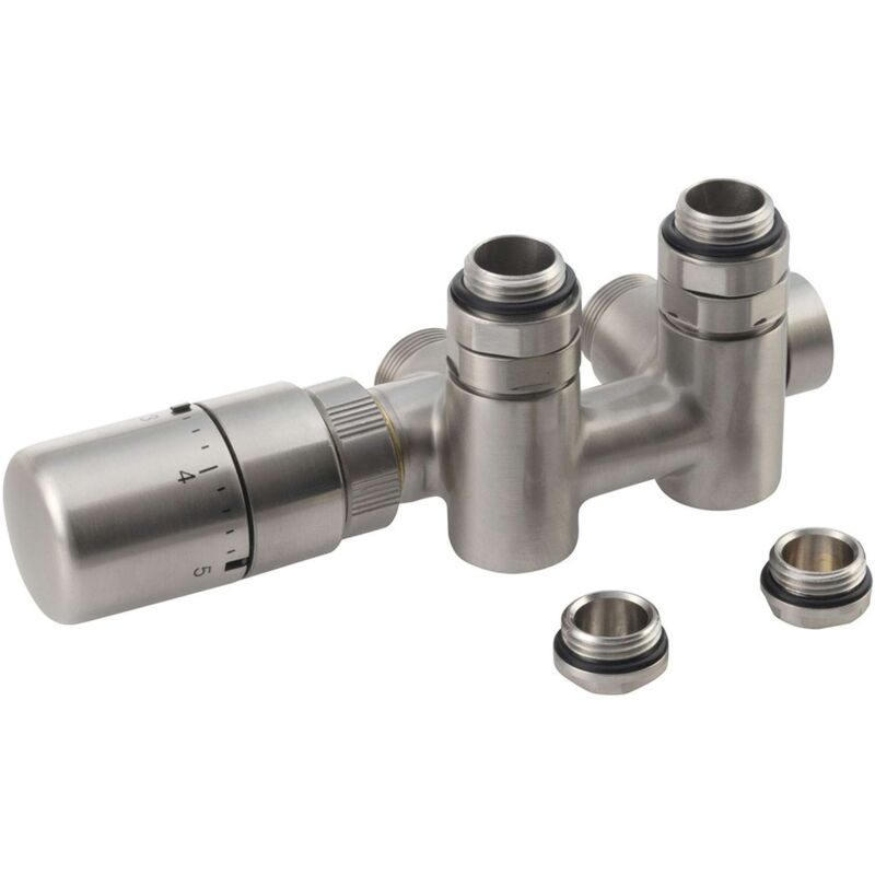 foto del prodotto sapho twin combi set di collegamento di valvole termostatiche, attacco centrale, a sinistra, interasse 50 mm, acciaio inox spazzolato cp5512s