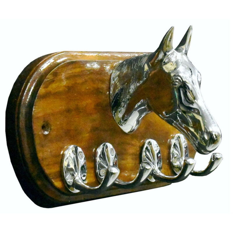 foto del prodotto sartore porta briglie testa di cavallo con 4 ganci di ottone cromato e base in legno