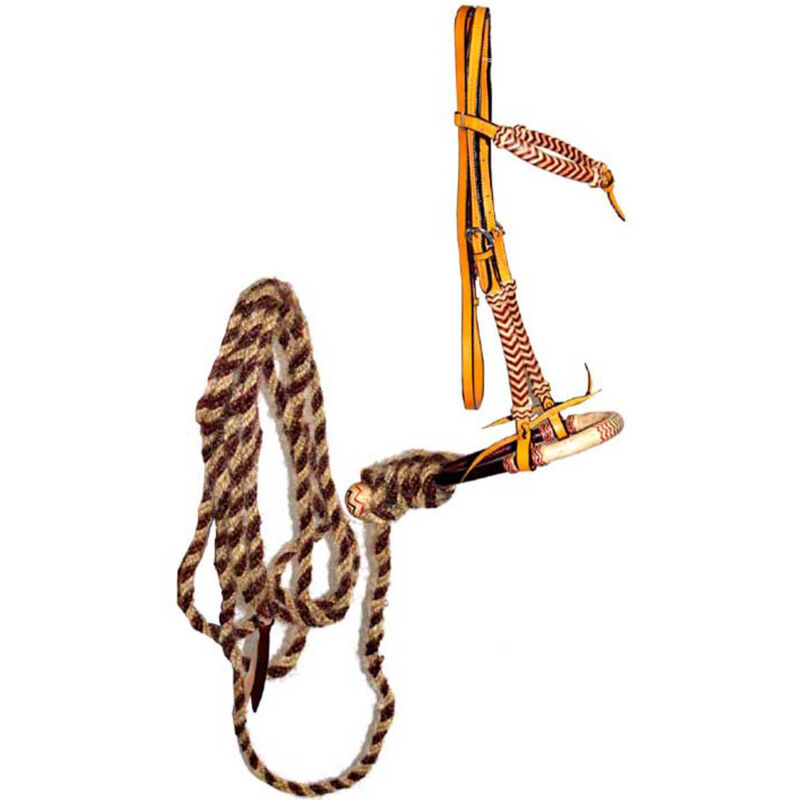 foto del prodotto sartore set bosal in cuoio e mecate in crine con testiera in rawhide intrecciata