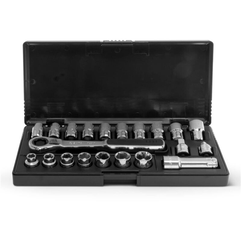 foto del prodotto sata st09134sj set di bussole pass thru, 21 pezzi, 3 8 pollici, metrica sae, lucidato, 10 mm 19 mm 3 8 pollici 3 4 pollici, in custodia per