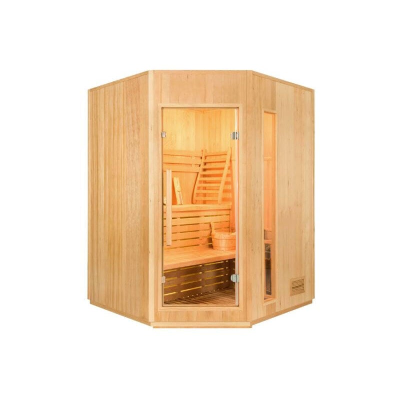 foto del prodotto sauna vapeur zen angulaire 3 4 persone france sauna 150 x 150 x 200 cm legno di abete rosso pacchetto completo 4,5kw
