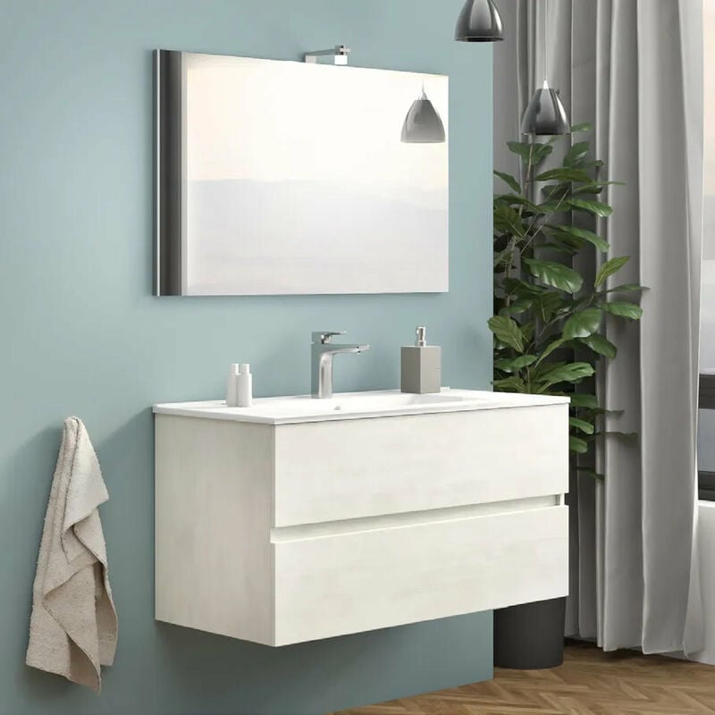 foto del prodotto savini due mobile sospeso in composizione a 2 cassetti colore rovere bianco da 100 cm compreso lavabo lampada specchiera 