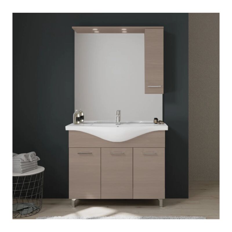 foto del prodotto savinidue mobile bagno a terra da 105 cm linea rubino rovere fumo completo di lavabo, specchiera con pensile e illuminazione led