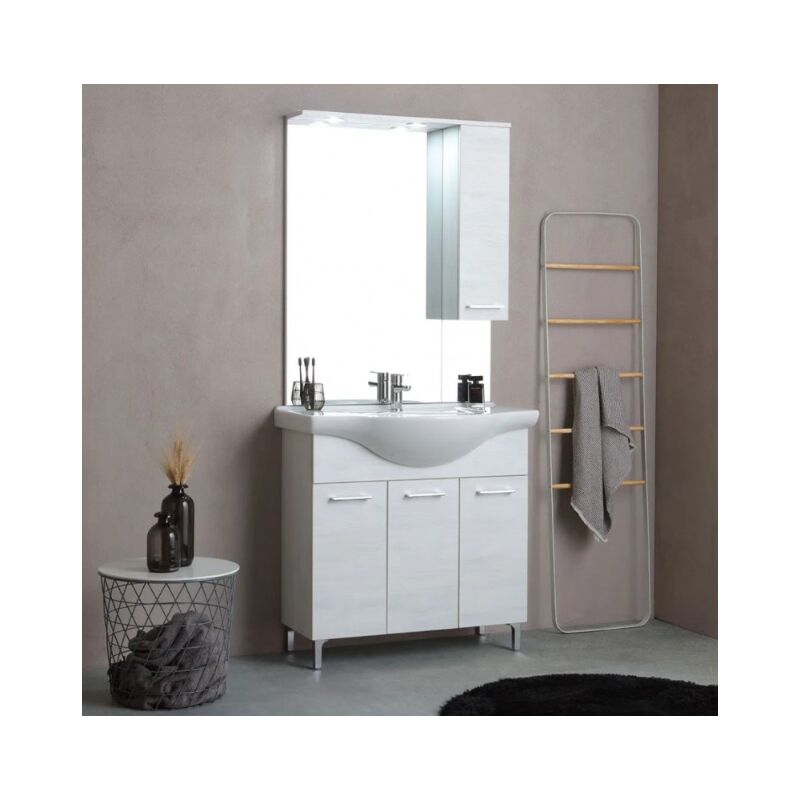 foto del prodotto savinidue mobile bagno a terra da 86 cm linea rubino rovere bianco completo di lavabo, specchiera con pensile e illuminazione led