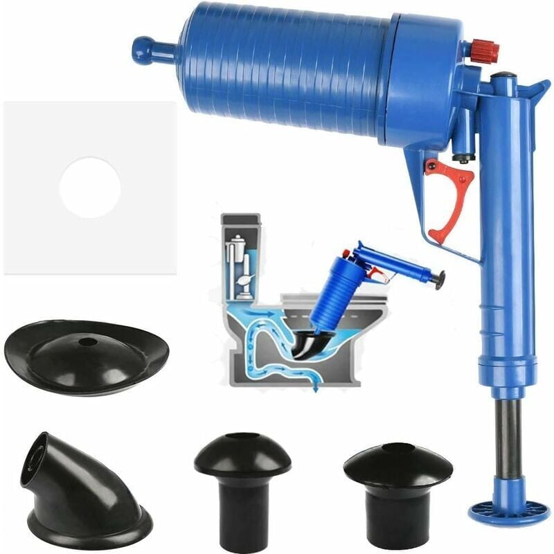 foto del prodotto sbloccatore manuale ad aria compressa one shot con 4 diverse ventose e una pompa ad alta pressione per sbloccare lavelli da cucina, vasche da bagno e