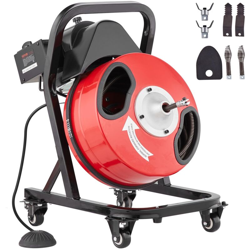 foto del prodotto sbloccatubi elettrico 15m x 1,27cm macchina per pulizia dei tubi scovolino manuale con ruote con 4 taglierine, azionamento pneumatico a pedale per
