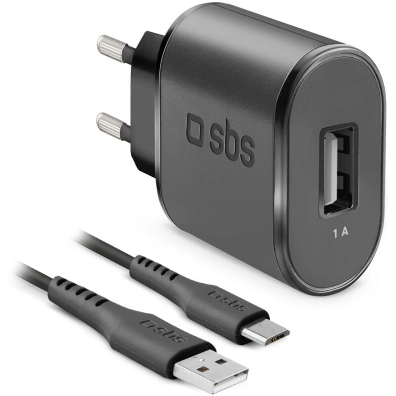 foto del prodotto sbs caricabatterie da 1 a con uscita usb da 1a e presa europea, cavo micro usb per ricarica e trasferimento dati, lunghezza 100 cm