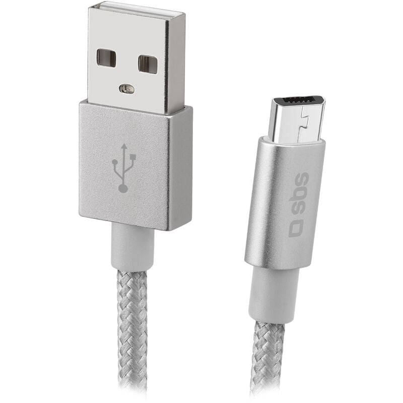 foto del prodotto sbs cavo micro usb, con connettore metallico e cavo rivestito in tessuto silver 1 metro