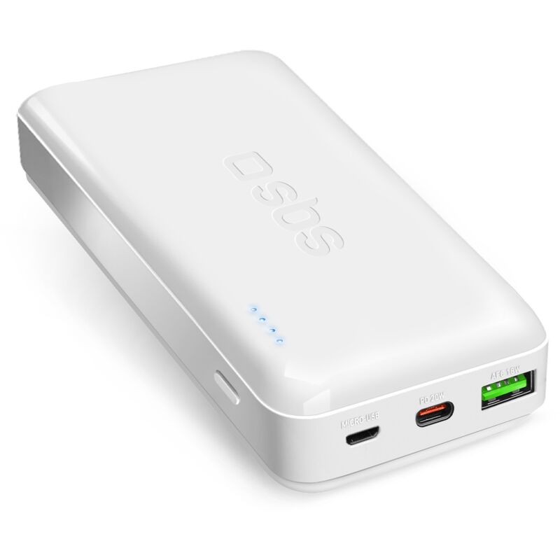 foto del prodotto sbs power bank 20.000 mah ricarica rapida fino a 8 volte consecutive bianco