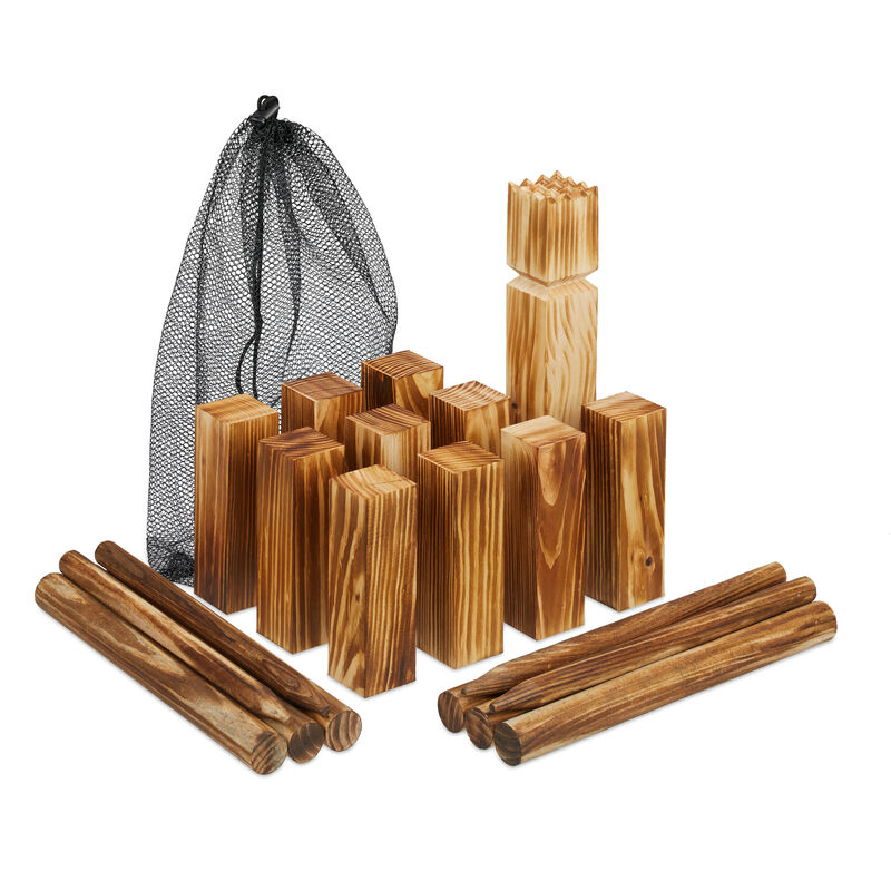 foto del prodotto scacchi vichinghi, gioco di lancio in legno, con sacchetto, 21 pedine e cesta, per bambini e adulti, marrone relaxdays