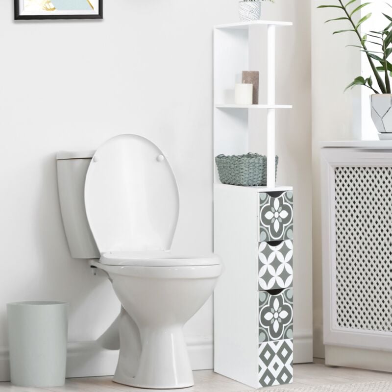 foto del prodotto scaffalatura per toilette a 3 ante in legno bianco con piastrelle in cemento grigio willy