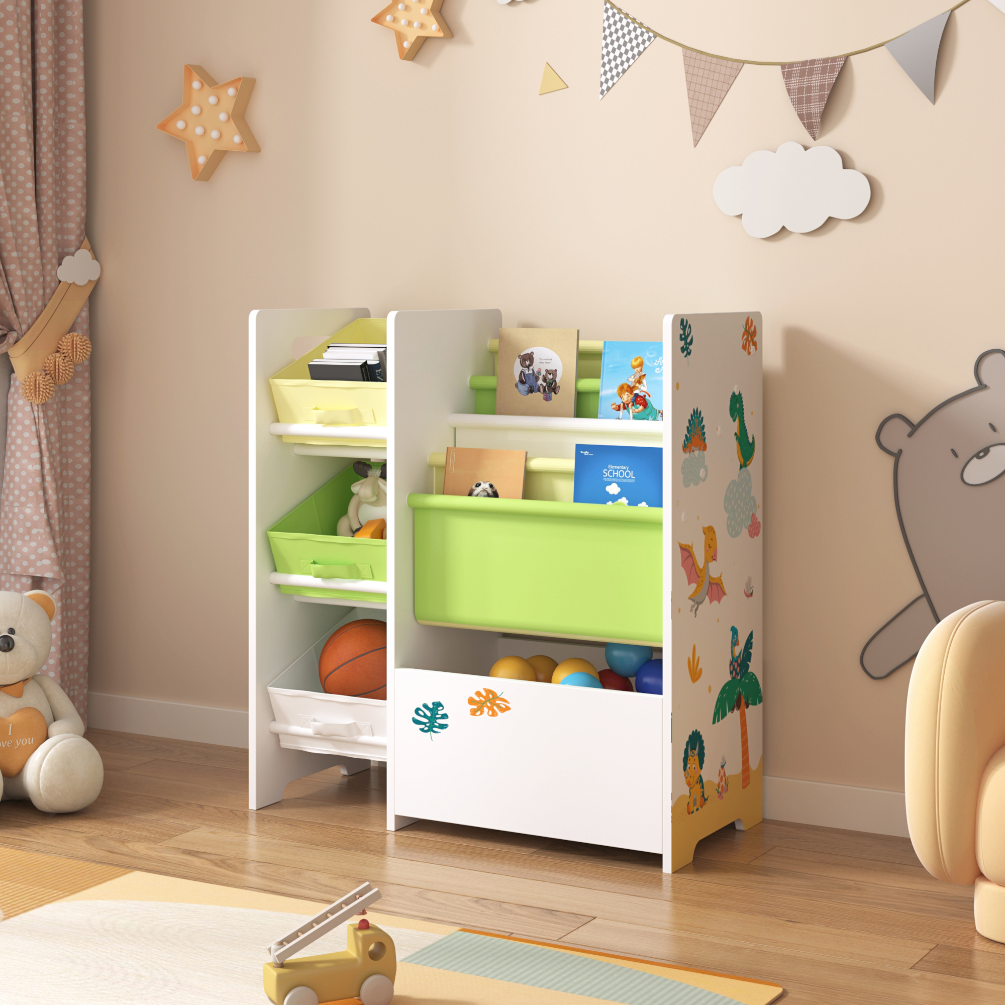 foto del prodotto scaffale 39 vimianzo 39 per cameretta con cassetti pieghevoli e contenitori libri decorazione dinosauro en.casa 