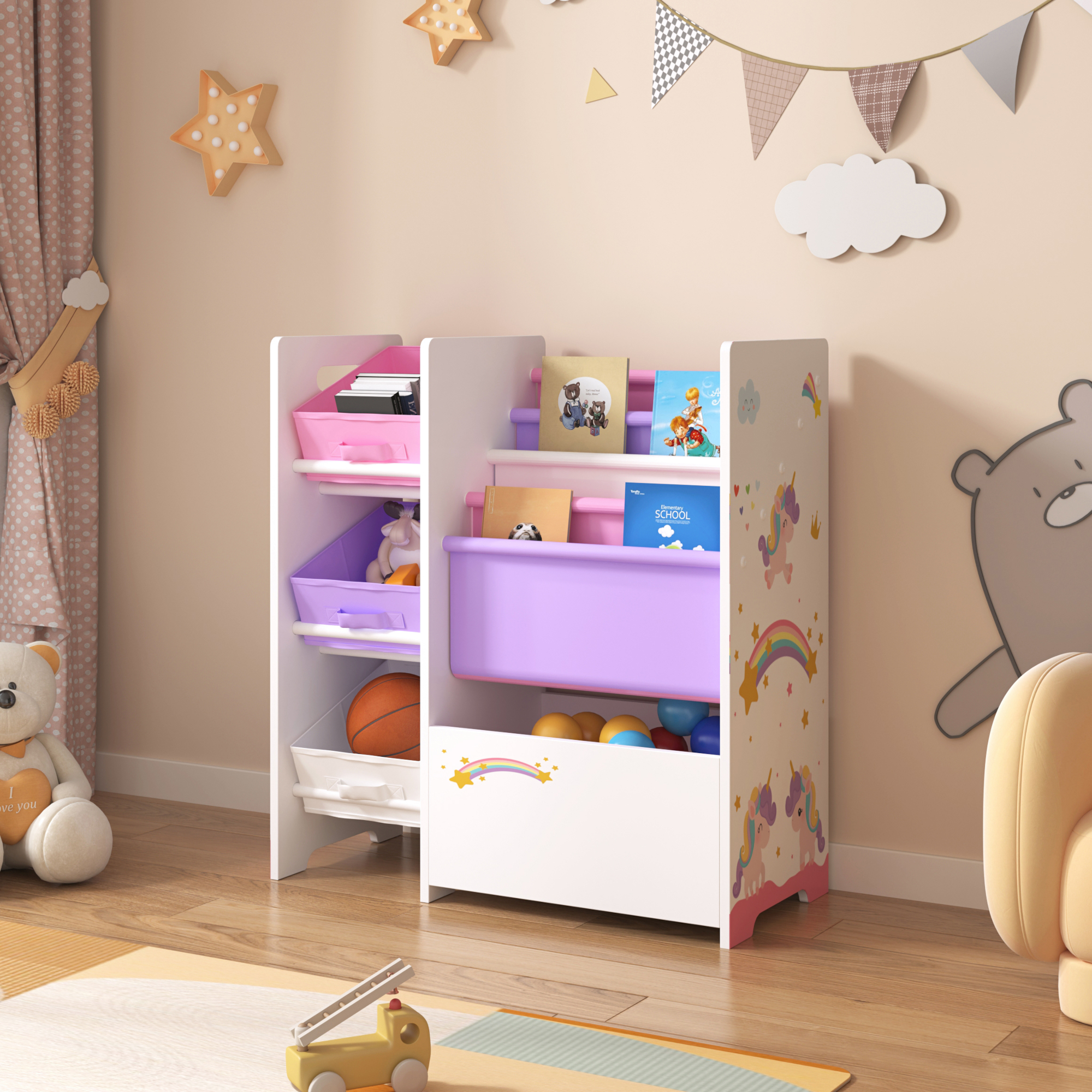 foto del prodotto scaffale 39 vimianzo 39 per cameretta con cassetti pieghevoli e contenitori libri decorazione unicorno en.casa 